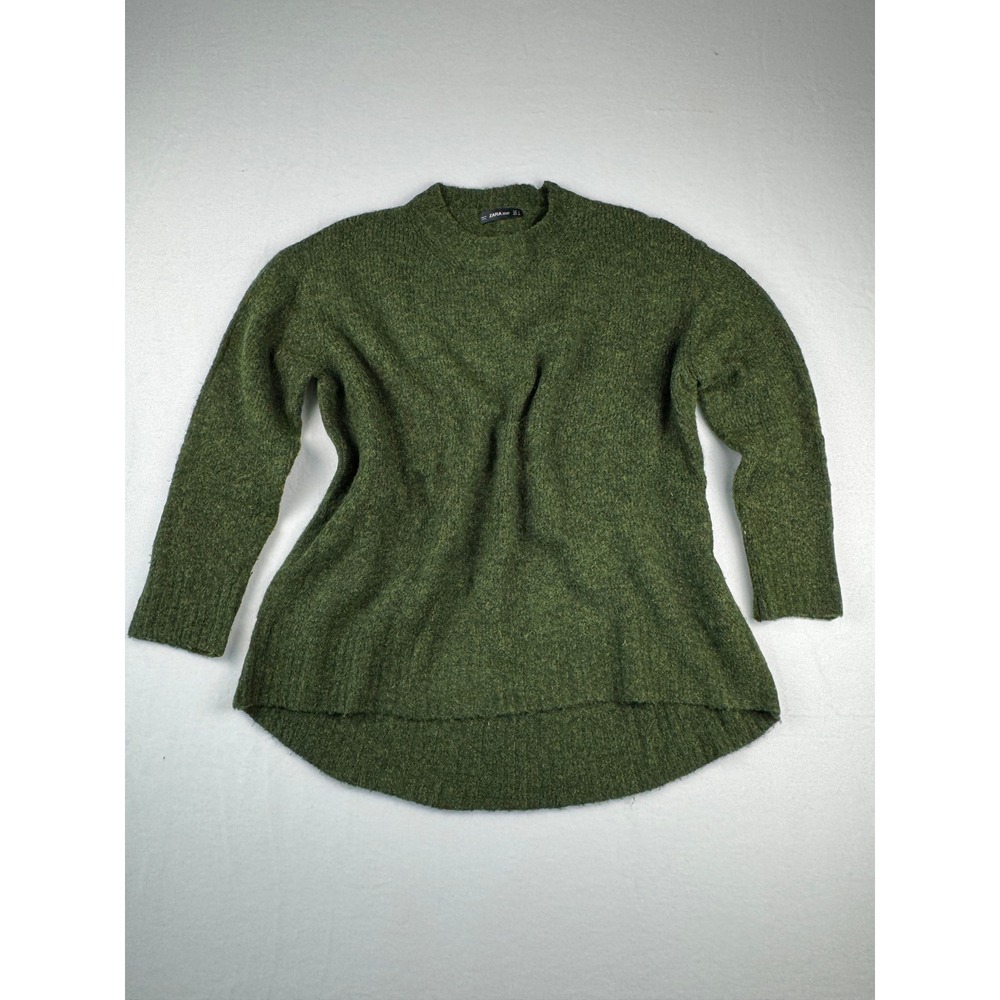 Zara Knit Womens Small Oversized Olive Green Marled Crew Neck High Low Sweater